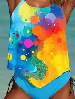 Women's Swimsuits Tankini 2 Piece Cheeky Swimsuit Backless Vacation Beach Wear Ombre Graphic U Neck Sleeveless Bathing Suits