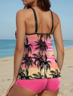 Women's Swimsuits Tankini 2 Piece Boy Leg Swimsuit Backless Vacation Beach Wear Ombre Leaves U Neck Sleeveless Bathing Suits