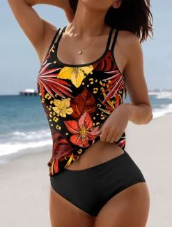 Women's Swimsuits Tankini 2 Piece Shorts Swimsuit 2 Piece Printing Vacation Beach Wear Floral Sleeveless Bathing Suits