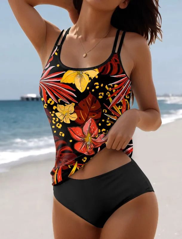 Women's Swimsuits Tankini 2 Piece Shorts Swimsuit 2 Piece Printing Vacation Beach Wear Floral Sleeveless Bathing Suits