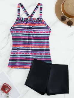 Women's Swimwear 2 Piece Boy Leg Swimsuit Backless Tummy Control High Waist Slim Cross Vacation Beach Wear Striped U Neck Sleeveless Bathing Suits