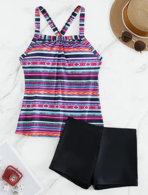 Women's Swimwear 2 Piece Boy Leg Swimsuit Backless Tummy Control High Waist Slim Cross Vacation Beach Wear Striped U Neck Sleeveless Bathing Suits