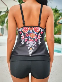 Women's Swimwear 2 Piece Boy Leg Swimsuit Backless High Waist Slim Vacation Beach Wear Graphic V Neck Sleeveless Bathing Suits