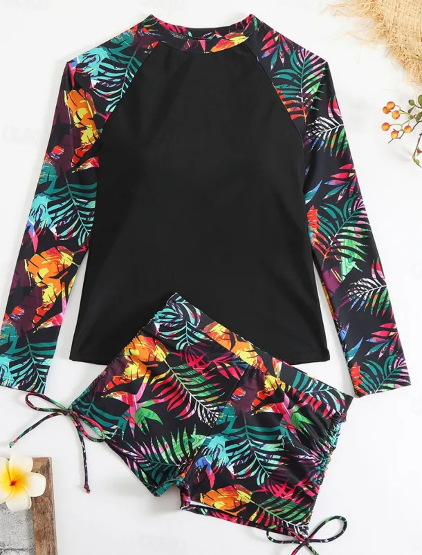 Women's Swimwear 2 Piece Boy Leg Swimsuit Drawstring Slim Vacation Beach Wear Graphic Round Neck Long Sleeve Bathing Suits