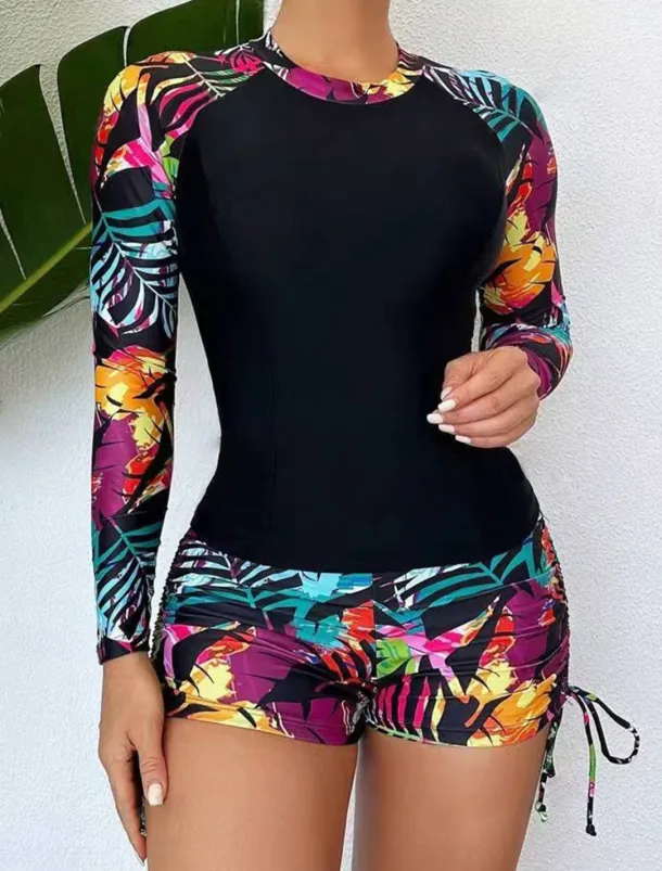 Women's Swimwear 2 Piece Boy Leg Swimsuit Drawstring Slim Vacation Beach Wear Graphic Round Neck Long Sleeve Bathing Suits