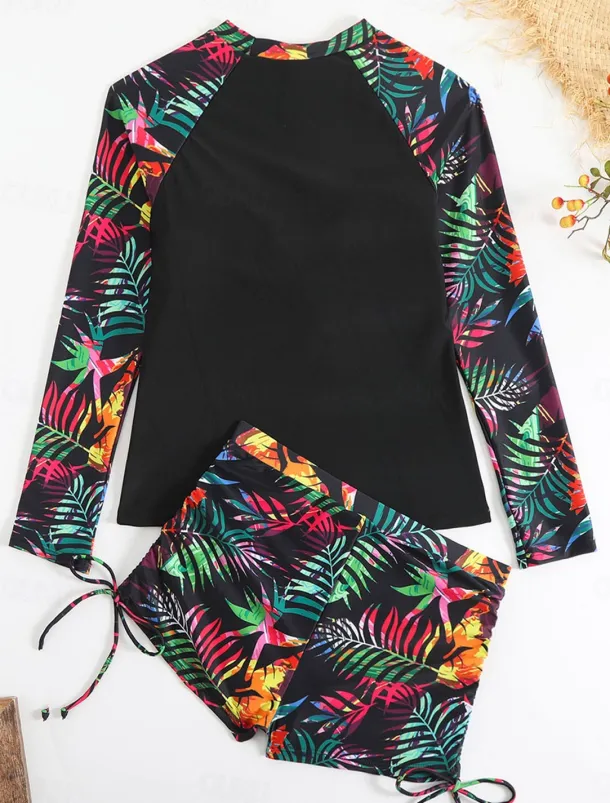 Women's Swimwear 2 Piece Boy Leg Swimsuit Drawstring Slim Vacation Beach Wear Graphic Round Neck Long Sleeve Bathing Suits