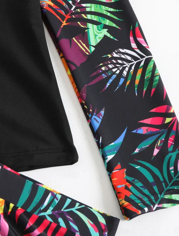 Women's Swimwear 2 Piece Boy Leg Swimsuit Drawstring Slim Vacation Beach Wear Graphic Round Neck Long Sleeve Bathing Suits