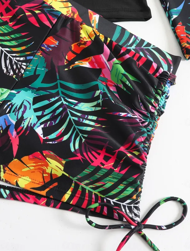 Women's Swimwear 2 Piece Boy Leg Swimsuit Drawstring Slim Vacation Beach Wear Graphic Round Neck Long Sleeve Bathing Suits