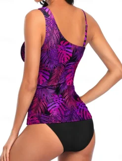 Women's Swimwear 2 Piece Cheeky Swimsuit Backless Tummy Control Slim Vacation Beach Wear Graphic Asymmetric Neck Sleeveless Bathing Suits