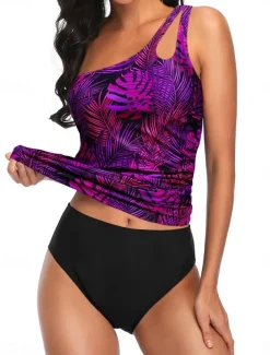 Women's Swimwear 2 Piece Cheeky Swimsuit Backless Tummy Control Slim Vacation Beach Wear Graphic Asymmetric Neck Sleeveless Bathing Suits