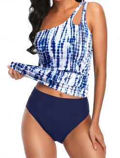 Women's Swimwear 2 Piece Cheeky Swimsuit Backless Tummy Control Slim Vacation Beach Wear Graphic Asymmetric Neck Sleeveless Bathing Suits