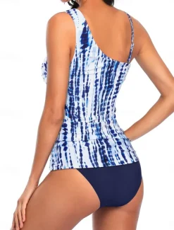 Women's Swimwear 2 Piece Cheeky Swimsuit Backless Tummy Control Slim Vacation Beach Wear Graphic Asymmetric Neck Sleeveless Bathing Suits