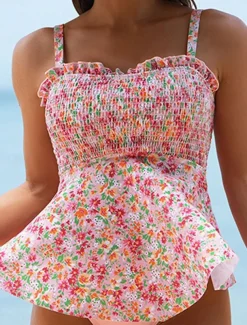 Women's Swimwear 2 Piece Cheeky Swimsuit Backless Tummy Control High Waist Slim Vacation Beach Wear Floral U Neck Sleeveless Bathing Suits