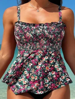 Women's Swimwear 2 Piece Cheeky Swimsuit Backless Tummy Control High Waist Slim Vacation Beach Wear Floral U Neck Sleeveless Bathing Suits