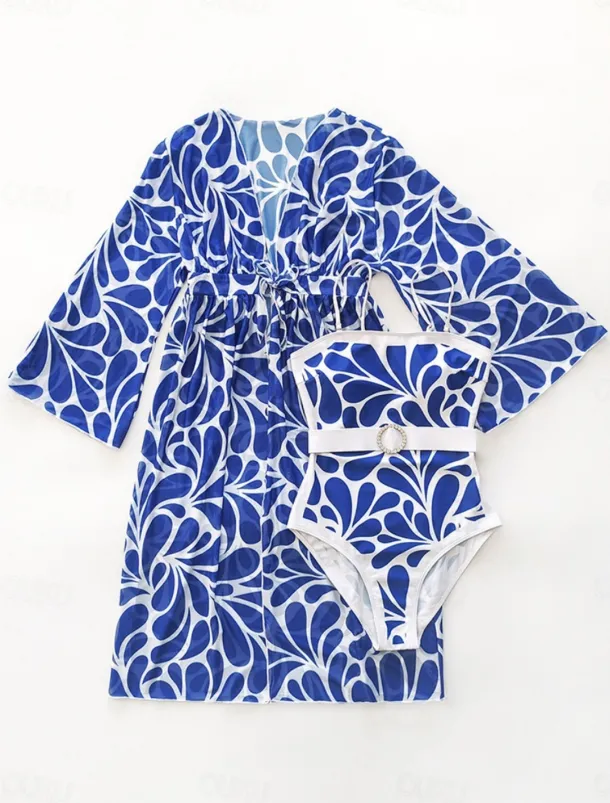 Women's Swimwear 2 Piece Monokini Swimsuit Backless Tummy Control High Waist Slim Vacation Beach Wear Floral Scoop Neck Sleeveless Long Sleeve Bathing Suits