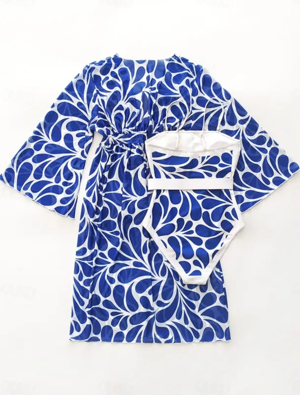 Women's Swimwear 2 Piece Monokini Swimsuit Backless Tummy Control High Waist Slim Vacation Beach Wear Floral Scoop Neck Sleeveless Long Sleeve Bathing Suits