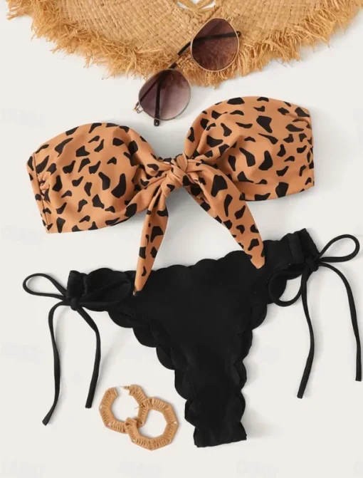 Women's Swimwear Bikini 2 Piece Thong Swimsuit Backless Slim Vacation Beach Wear Leopard Strapless Sleeveless Bathing Suits
