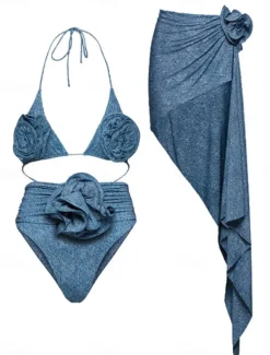 Women's Swimwear Bikini 2 Piece Skirt Swimsuit Backless Slim Vacation Beach Wear Solid Color V Neck Sleeveless Bathing Suits