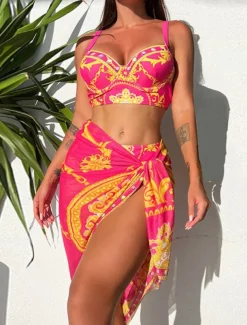 Women's Swimwear Bikini 2 Piece Skirt Swimsuit Backless Slim Vacation Beach Wear Floral Halter Neck Sleeveless Bathing Suits