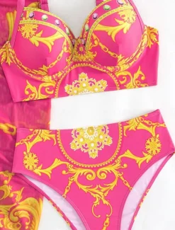 Women's Swimwear Bikini 2 Piece Skirt Swimsuit Backless Slim Vacation Beach Wear Floral Halter Neck Sleeveless Bathing Suits