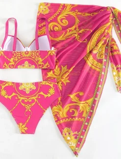 Women's Swimwear Bikini 2 Piece Skirt Swimsuit Backless Slim Vacation Beach Wear Floral Halter Neck Sleeveless Bathing Suits