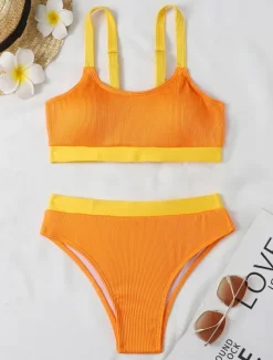Women's Swimwear Bikini 2 Piece Cheeky Swimsuit Backless Slim Vacation Beach Wear Solid Color U Neck Sleeveless Bathing Suits