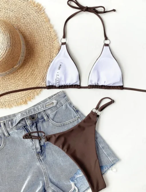 Women's Swimwear Bikini 2 Piece Cheeky Swimsuit Backless Slim Vacation Beach Wear Solid Color Halter Neck Sleeveless Bathing Suits