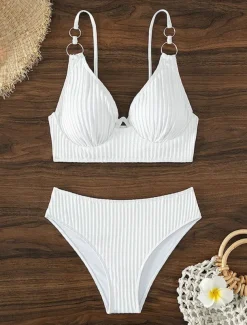 Women's Swimwear Bikini 2 Piece Cheeky Swimsuit Backless Slim Vacation Beach Wear Solid Color V Neck Sleeveless Bathing Suits