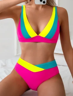 Women's Swimwear Bikini 2 Piece Cheeky Swimsuit Backless Slim Vacation Beach Wear Stripe V Neck Sleeveless Bathing Suits