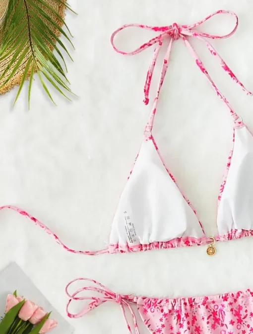 Women's Swimwear Bikini 2 Piece Thong Swimsuit Backless Slim Vacation Beach Wear Floral V Neck Sleeveless Bathing Suits