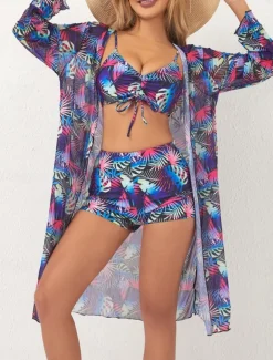 Women's Swimwear Bikini 2 Piece Shorts Swimsuit Backless Slim Vacation Beach Wear Leaves V Neck Sleeveless Long Sleeve Bathing Suits