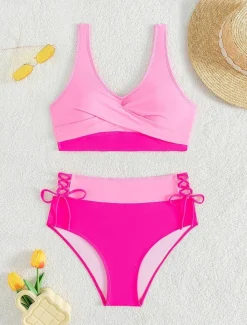 Women's Swimwear Bikini 2 Piece Briefs Swimsuit Backless Slim High Waisted Vacation Beach Wear Solid Color V Neck Sleeveless Bathing Suits