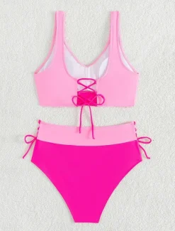 Women's Swimwear Bikini 2 Piece Briefs Swimsuit Backless Slim High Waisted Vacation Beach Wear Solid Color V Neck Sleeveless Bathing Suits