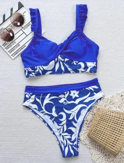 Women's Swimwear Bikini 2 Piece Cheeky Swimsuit Backless Slim Vacation Beach Wear Graphic U Neck Sleeveless Bathing Suits