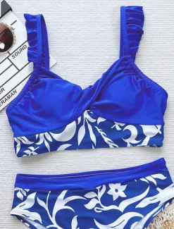 Women's Swimwear Bikini 2 Piece Cheeky Swimsuit Backless Slim Vacation Beach Wear Graphic U Neck Sleeveless Bathing Suits