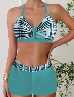 Women's Swimwear Bikini 2 Piece Monokini Cheeky Swimsuit Knitted Vacation Tropical Color Block Stripe Plunge Sleeveless Bathing Suits