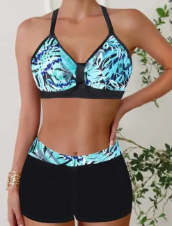 Women's Swimwear Bikini 2 Piece Monokini Cheeky Swimsuit Knitted Vacation Tropical Color Block Stripe Plunge Sleeveless Bathing Suits