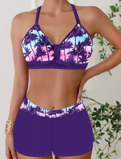 Women's Swimwear Bikini 2 Piece Monokini Cheeky Swimsuit Knitted Vacation Tropical Color Block Stripe Plunge Sleeveless Bathing Suits