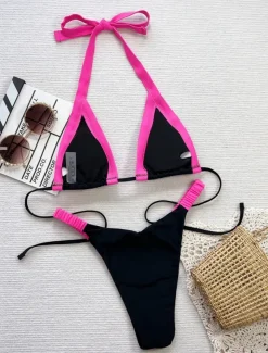 Women's Swimwear Bikini 2 Piece Thong Swimsuit Backless Slim Vacation Beach Wear Solid Color Halter Neck Sleeveless Bathing Suits