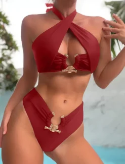 Women's Swimwear Bikini 2 Piece Cheeky Swimsuit Backless High Waist Slim Vacation Beach Wear Solid Color Halter Neck Sleeveless Bathing Suits