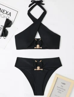 Women's Swimwear Bikini 2 Piece Cheeky Swimsuit Backless High Waist Slim Vacation Beach Wear Solid Color Halter Neck Sleeveless Bathing Suits