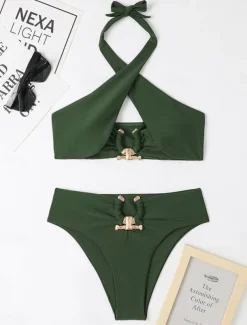 Women's Swimwear Bikini 2 Piece Cheeky Swimsuit Backless High Waist Slim Vacation Beach Wear Solid Color Halter Neck Sleeveless Bathing Suits