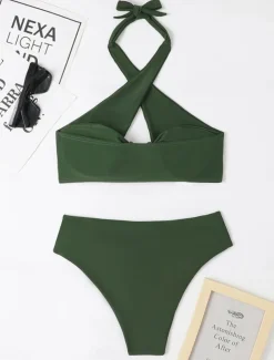 Women's Swimwear Bikini 2 Piece Cheeky Swimsuit Backless High Waist Slim Vacation Beach Wear Solid Color Halter Neck Sleeveless Bathing Suits