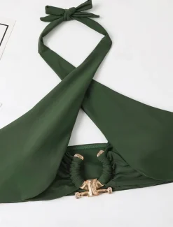 Women's Swimwear Bikini 2 Piece Cheeky Swimsuit Backless High Waist Slim Vacation Beach Wear Solid Color Halter Neck Sleeveless Bathing Suits