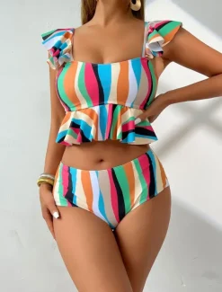 Women's Swimwear Bikini 2 Piece Briefs Swimsuit Ruffle Backless High Waist Slim Vacation Beach Wear Stripe V Neck Sleeveless Bathing Suits
