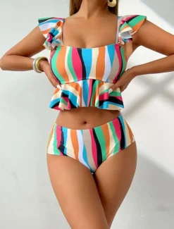 Women's Swimwear Bikini 2 Piece Briefs Swimsuit Ruffle Backless High Waist Slim Vacation Beach Wear Stripe V Neck Sleeveless Bathing Suits
