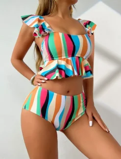 Women's Swimwear Bikini 2 Piece Briefs Swimsuit Ruffle Backless High Waist Slim Vacation Beach Wear Stripe V Neck Sleeveless Bathing Suits