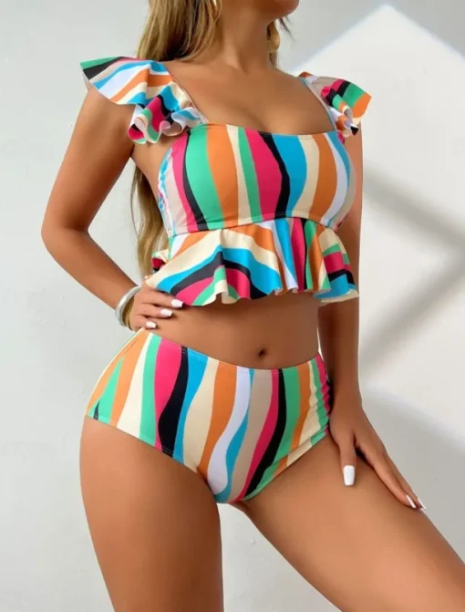 Women's Swimwear Bikini 2 Piece Briefs Swimsuit Ruffle Backless High Waist Slim Vacation Beach Wear Stripe V Neck Sleeveless Bathing Suits