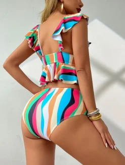 Women's Swimwear Bikini 2 Piece Briefs Swimsuit Ruffle Backless High Waist Slim Vacation Beach Wear Stripe V Neck Sleeveless Bathing Suits