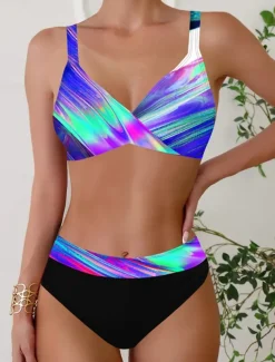 Women's Swimwear Bikini 2 Piece Cheeky Swimsuit Backless Slim Vacation Beach Wear Ombre V Neck Sleeveless Bathing Suits
